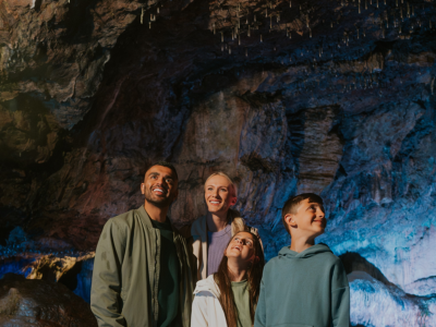 family explores the caves