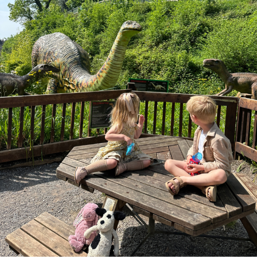 Kids on picnic bench looking at a Dinosaur