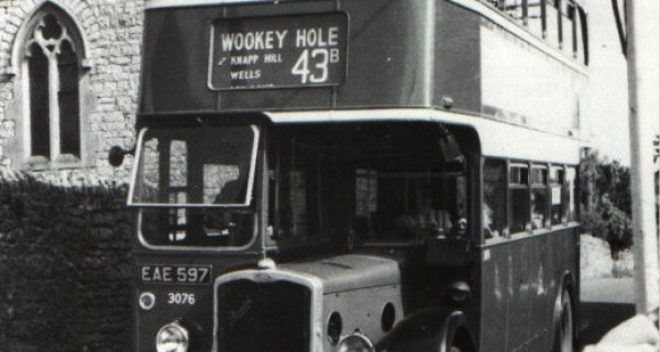 A black and white close up of the number 43B double decker bus to Wookey Hole.